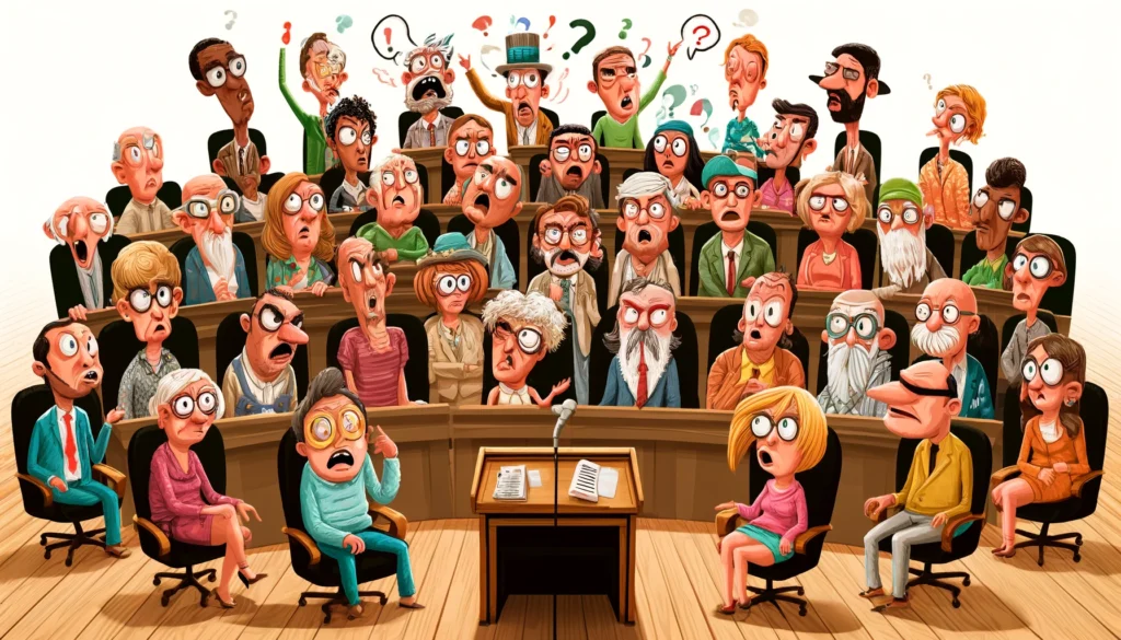 AI IMAGE of a group of startled folks in a town hall meeting