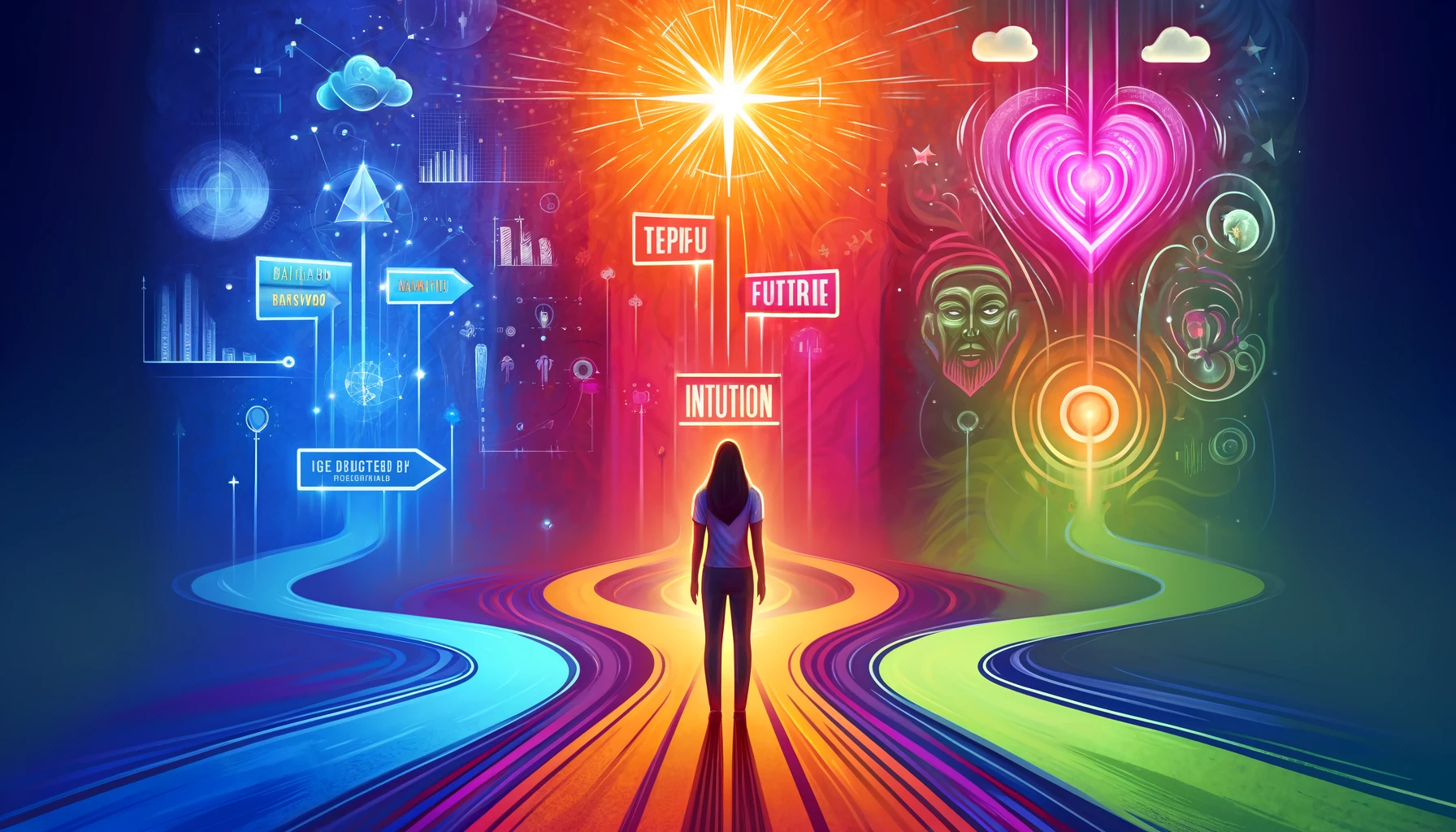 AI image created by DALLE of a woman standing in front of an ethereal sky filled with graphs, charts to represent data and hearts and brain for emotion and intuition.