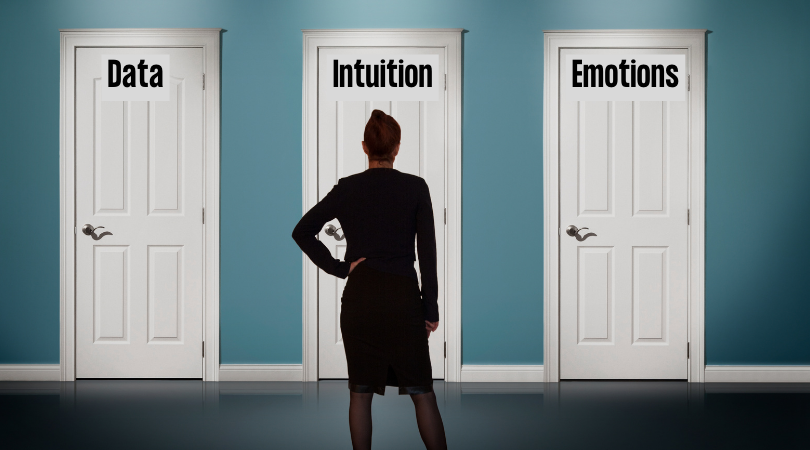 A woman standing in front of 3 doors labeled data, intuition, emotions.